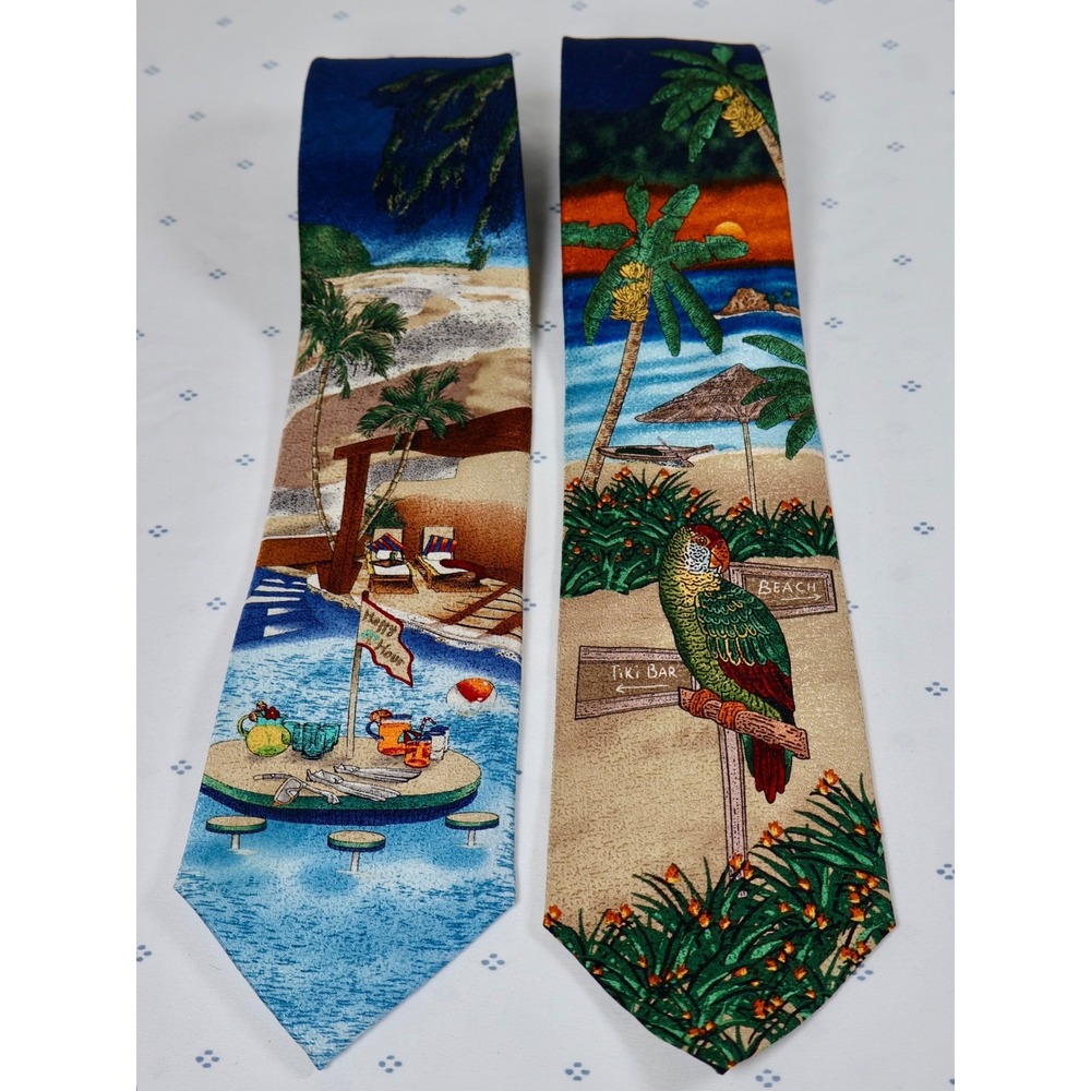 Tropical Isle Silk Tie Beach Tiki Bar Parrot Happy Hour Fun Vacation Hawaill